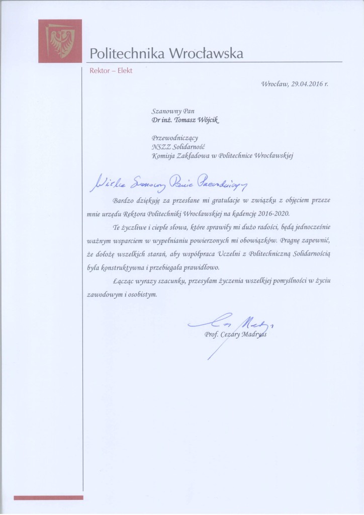 podziekowanie od prof Madryasa Rektora -elekta